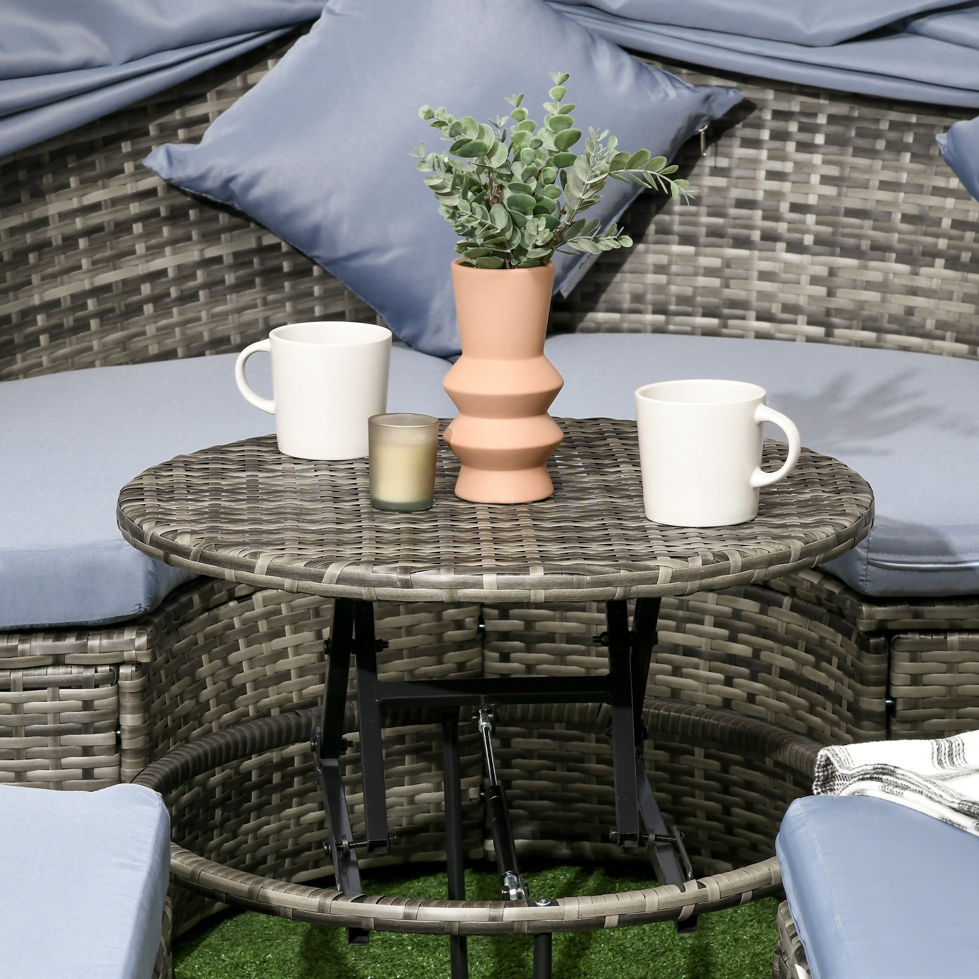 Outsunny 4pc Rattan Patio Furniture Set, Sectional Outdoor Sofa Set with Adjustable Sun Canopy, 2 Chairs, Extending Tea Table, Pillows, Light Gray