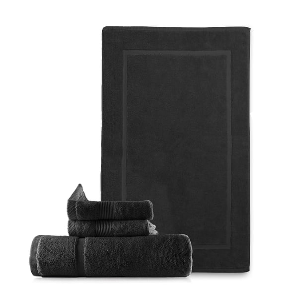 Hearth & Harbor Bath Towel Collection, 100% Cotton Luxury Soft Set of 2 Bath Mats & 2 Wash Cloth Towels - Black
