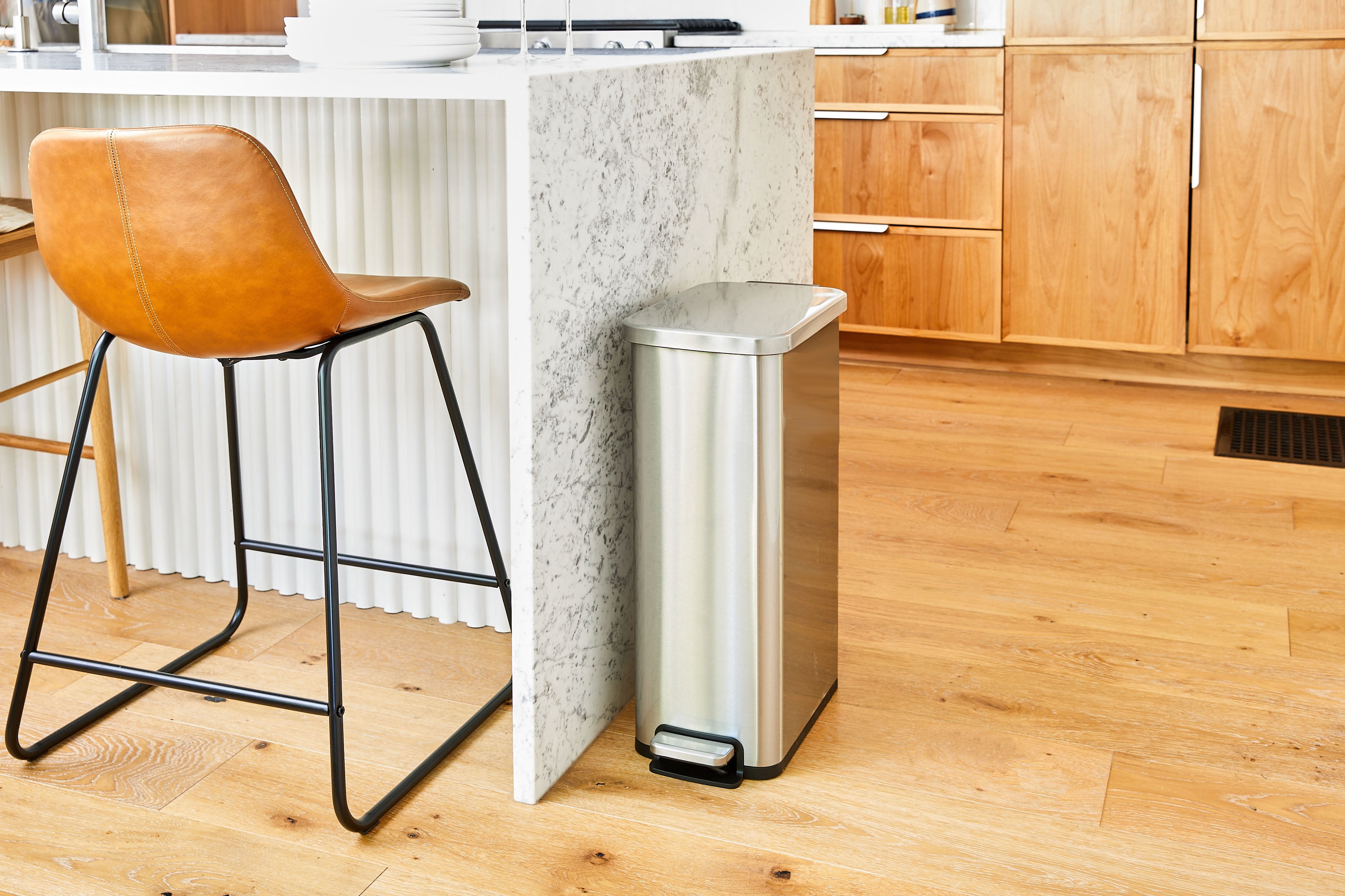 Better Homes & Gardens Kitchen Trash Can, 7.9 Gallon Stainless Steel Slim Step Garbage Bin with Soft Close Lid, Silver