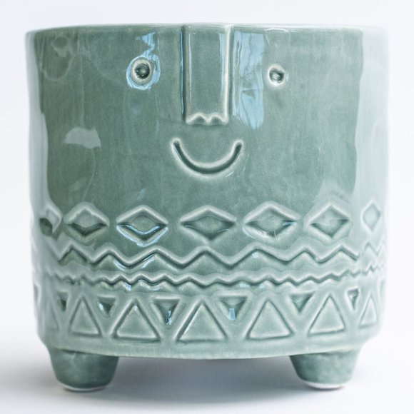 Set of 2 Aqua Green Friendly Face Footed Planter