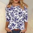 thumbnail image 2 of Plus Size 3/4 Length Sleeve Tops for Womens 2025 Summer Flower Print Blosues Round Neck Tees Shirts Loose Fitted Tees Shirts Going Out Beach Vacation Clothes, 2 of 5