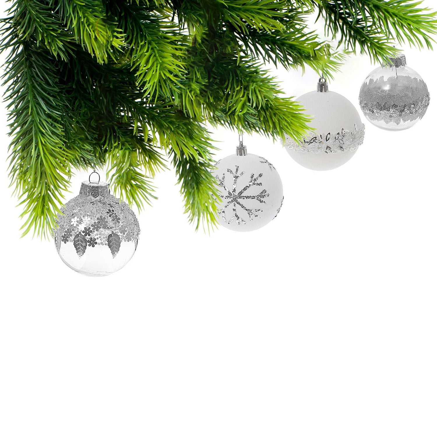Clear and White Glitter Ball Ornament - Set of 12