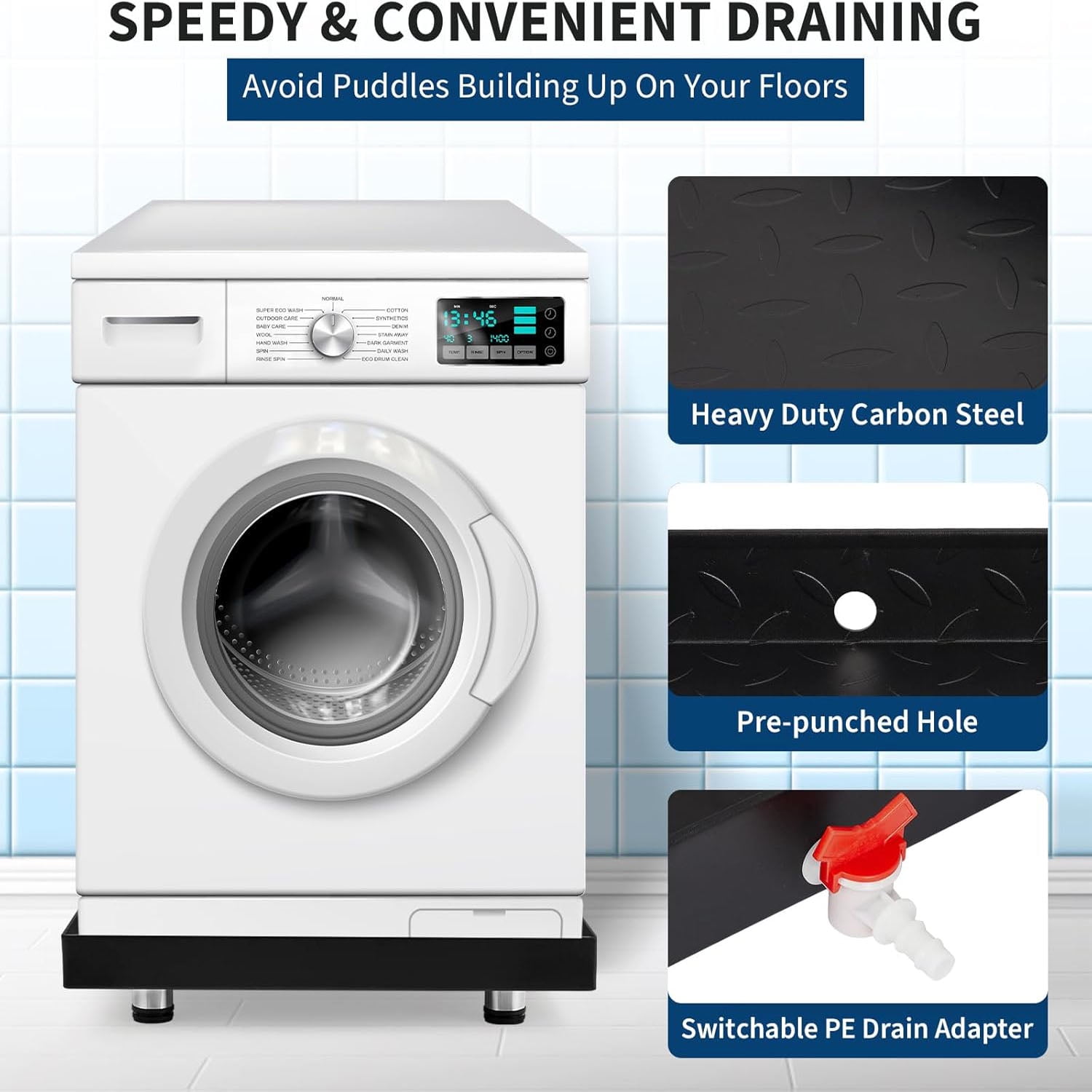 Studyset Heavy-Duty Carbon Steel Washing Machine Pan - 24x24x2in Rust-Free Water Damage Protection with 4 Anti-Vibration Feet, Easy Install No-Hole Design