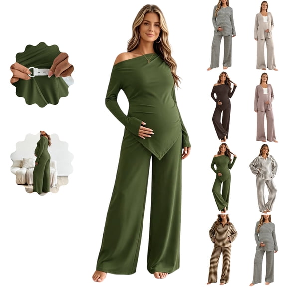 LEKWK Maternity Pajamas Ruched Long Sleeve Top and Wide Leg Pants Soft Stretchy Postpartum Pajama Set Hospital Bag Pregnancy Lounge Set
