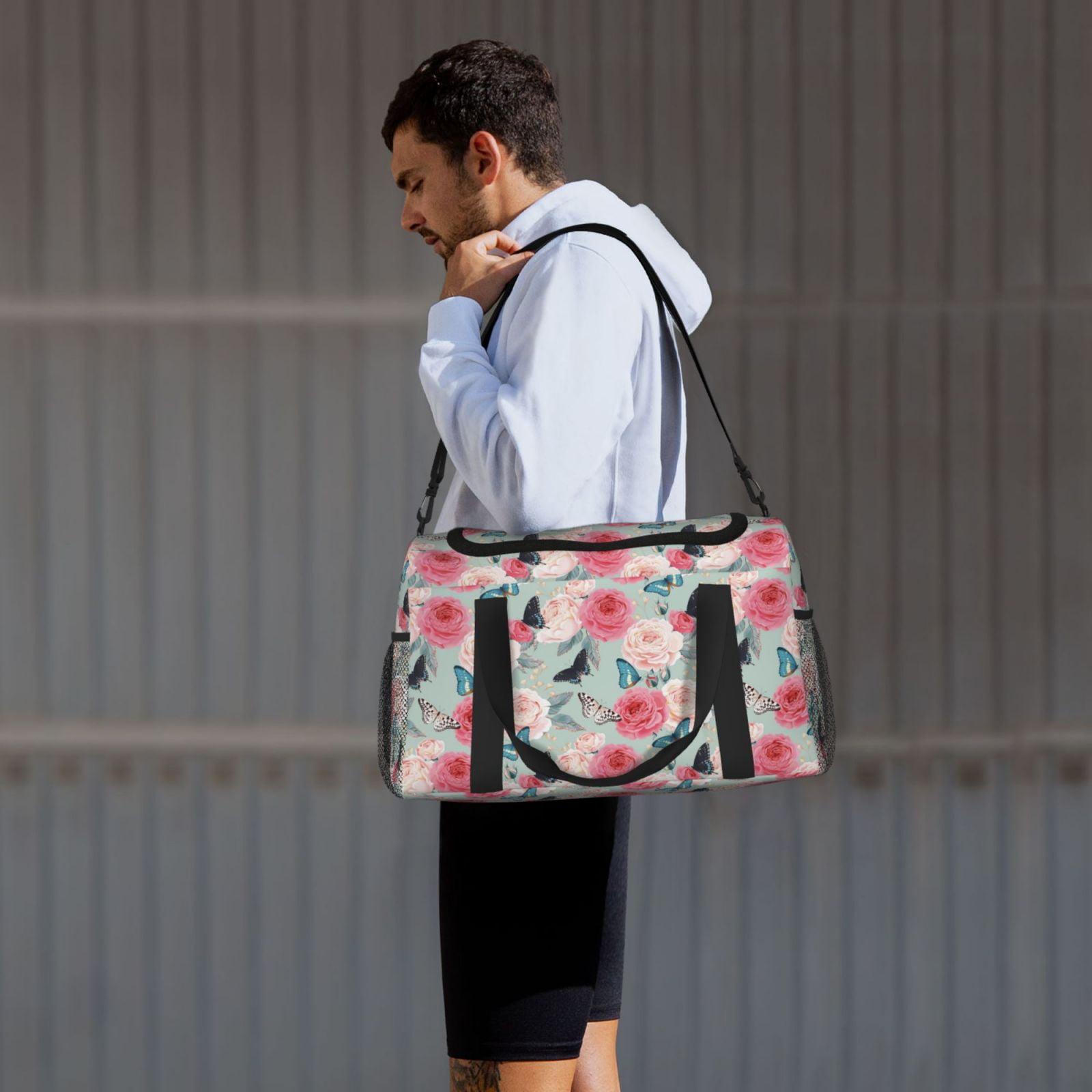Fuzoiu Roses and Butterflies Print Travel Duffle Bag,Carry On Tote Bags,Duffel Bag,Sport Gym Bag, Hospital Bag for Labor and Delivery, Overnight Bag,Luggage Bag