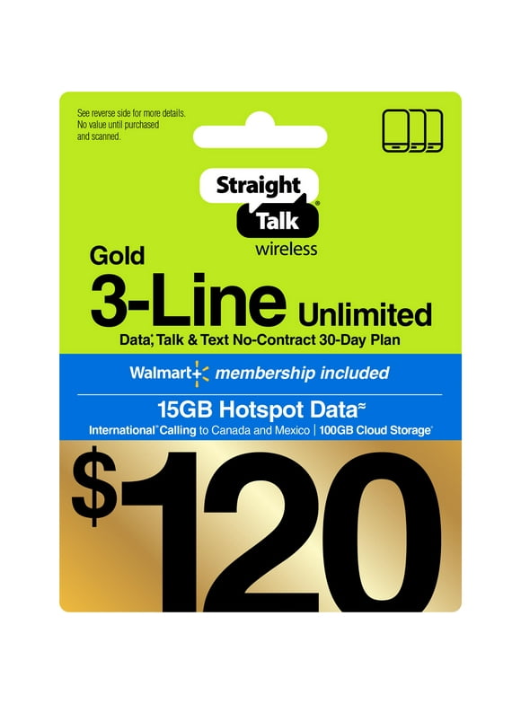 Straight Talk $120 Gold 3-Line Unlimited 30-Day Prepaid Plan, 15GB Hotspot Data, 100GB Cloud Storage & Int'l Calling e-PIN Top Up (Email Delivery)