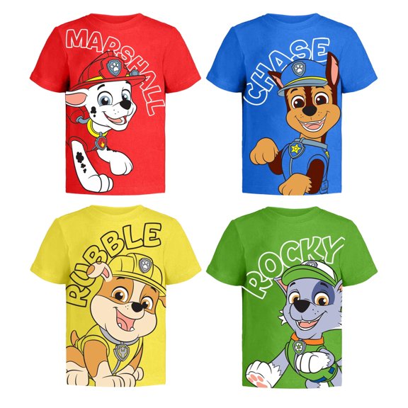 Paw Patrol Boys' 4-Pack Graphic T-Shirts - Featuring Rubble, Chase & Marshall - Toddler Birthday Outfit (3T) â Red, Blue, Yellow, Green Short Sleeve