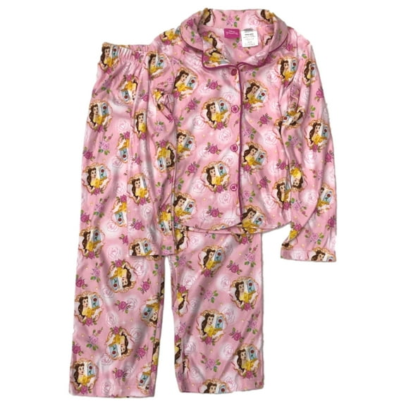 Disney Beauty & The Beast Girls Pink Flannel Princess Belle Pajamas Sleep Set S