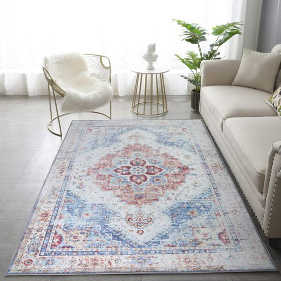 Vernal Elden Grey, Red and Blue Machine Washable Rug – Green Decore US