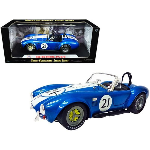 Shelby Collectibles SC112 No 21 Métallique à Rayures Blanches Voiture Miniature Moulée sous Pression 1 sur 18 pour Shelby Cobra 427 S-C, Bleu