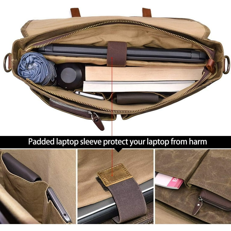 Mens messenger bag 15.6 inch waterproof vintage genuine leather waxed canvas briefcase large sales