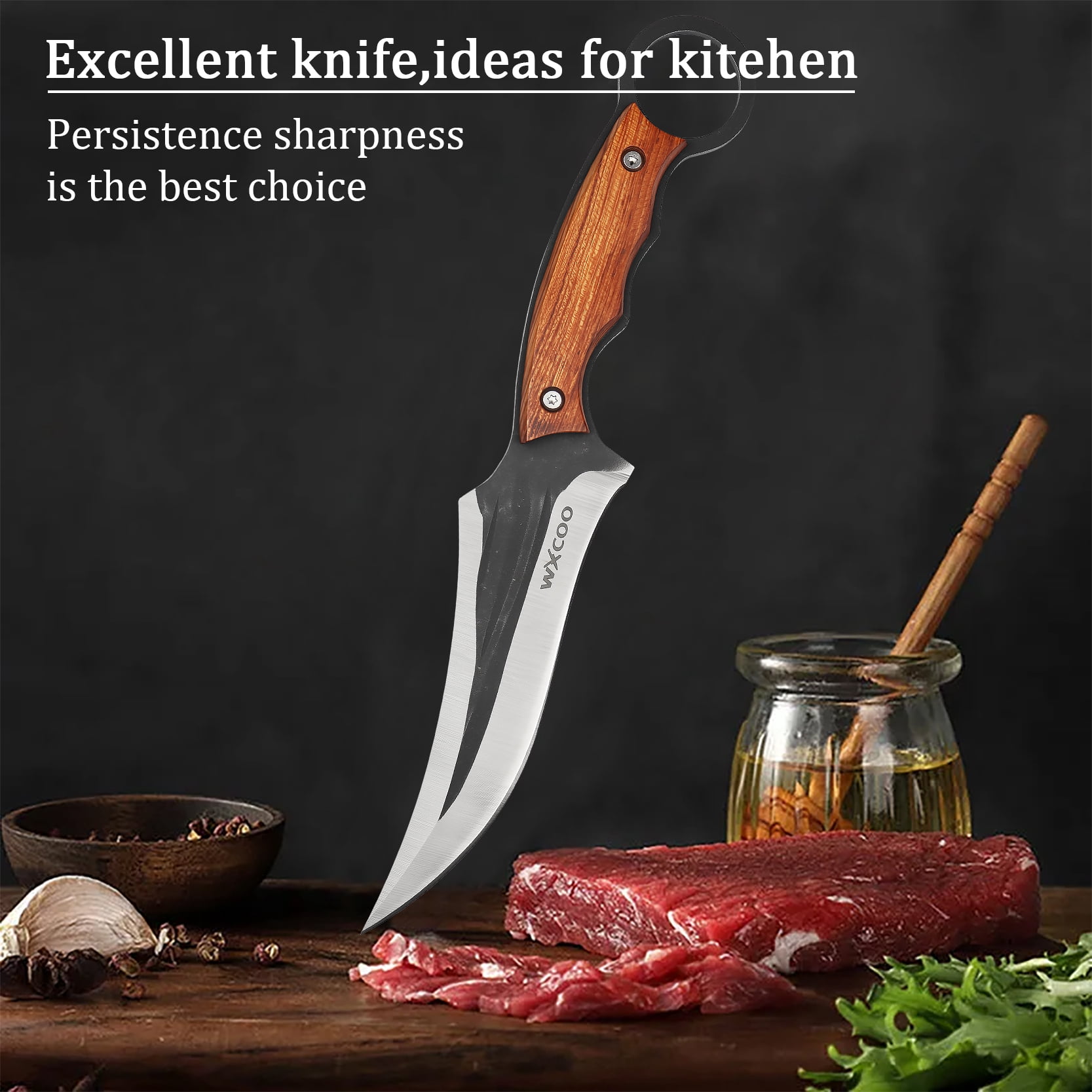 2-Piece Forged Fixed Blade Knives, Wood & Metal Composite Handle Ring Tactical Hunting Knife Set with Sheath
