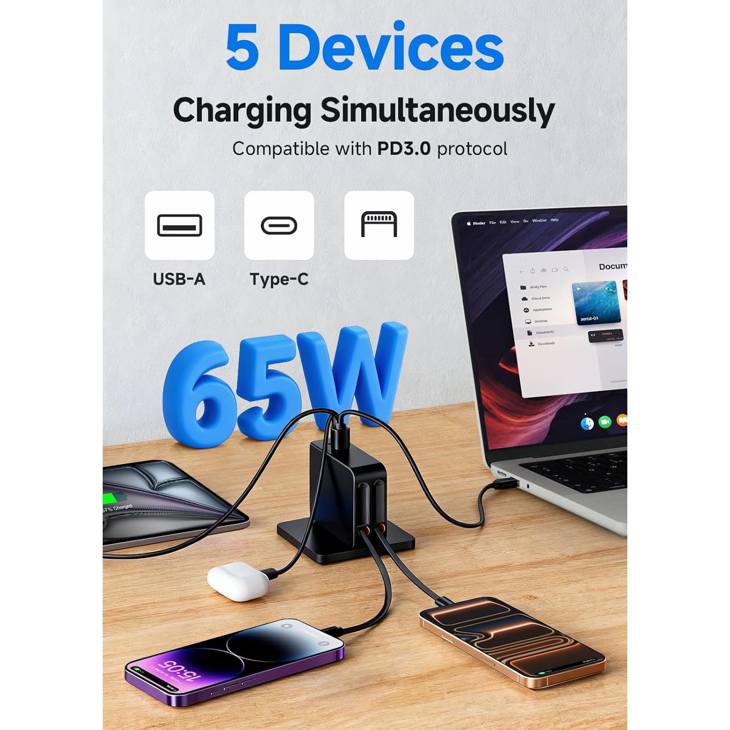 Retractable Phone Charger, 65W Type C Fast Charger with 3.9ft Dual Cables and Three Ports, 5-in-1 Retractable USB C Charger with Foldable Plug for Home/Travel/Office