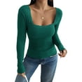thumbnail image 3 of Womens Long Sleeve Shirts Square Neck Ribbed Knit Crop Tops Fall Outfits Fashion Clothes Green XS, 3 of 9