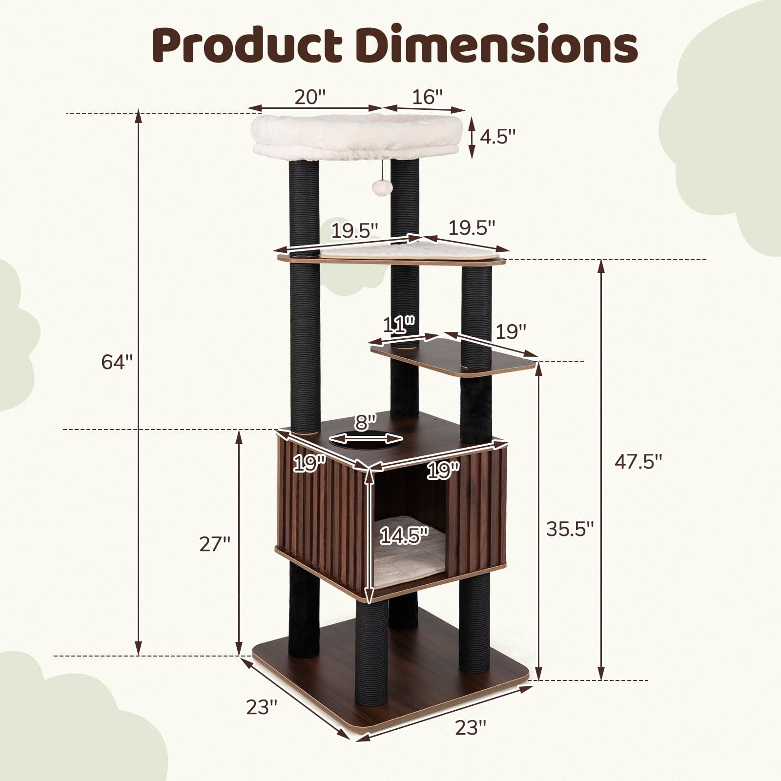 Gymax 64'' Tall Cat Tree for Indoor Cat Wooden Cat Tower Top Perch w/ Soft Padding Large Fence Style Cat Condo