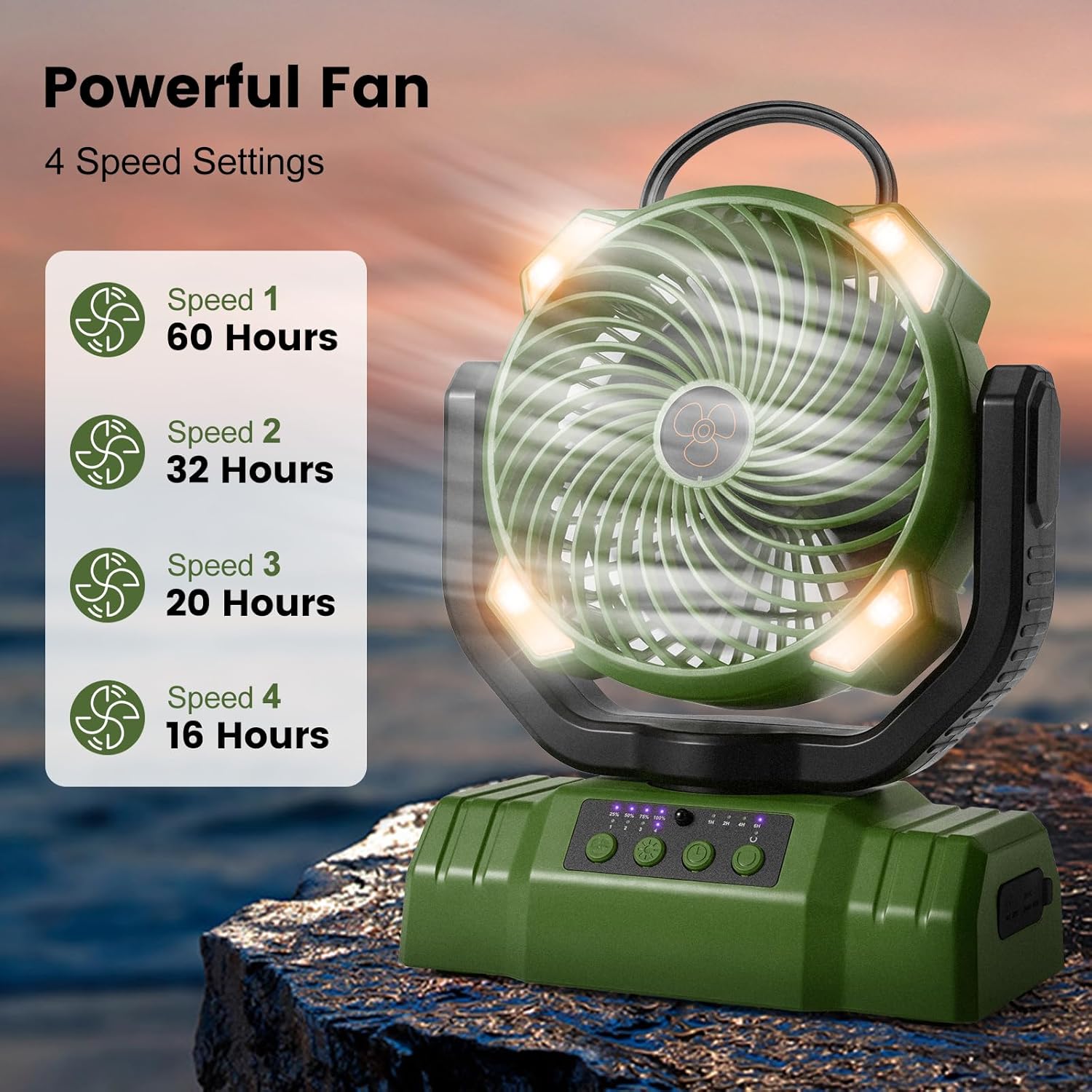 30000mAh Camping Fan with LED Lantern, Rechargeable Battery Operated Oscillating Fan with Remote & Hook, Portable Tent Fan with Timer, 4 Speeds for Outdoor Camp RV Jobsite Power Outage, Green