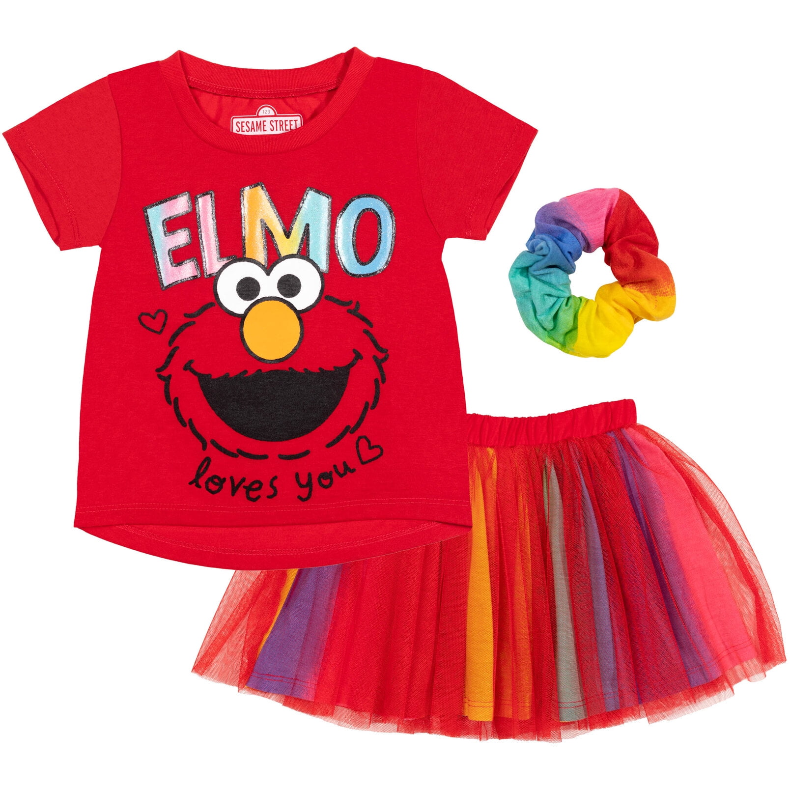 Sesame Street Toddler Girls' T-Shirt and Tutu Skirt Set Elmo Red Rainbow