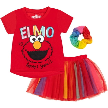 

Sesame Street Elmo Toddler Girls Graphic T-Shirt Mesh Skirt and Scrunchie 3 Piece Outfit Set Red/Rainbow 5T