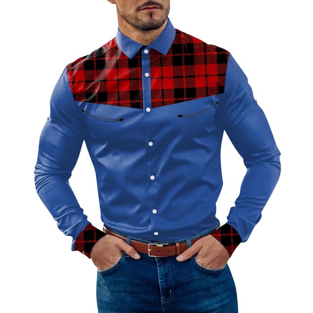 Camisas s Para Hombre Camisa de manga larga con botón de solapa y bloque de color a cuadros informal a la para hombre (Blue, 3XL)