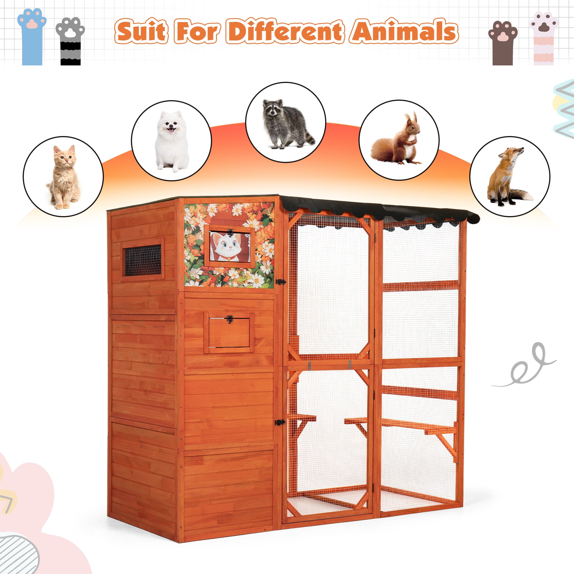 COZIWOW Wood  Cat House Catio Outdoor Enclosure, 2 Resting Condos, 2 Platforms, 4-Tier Cat Play Cage, Orange