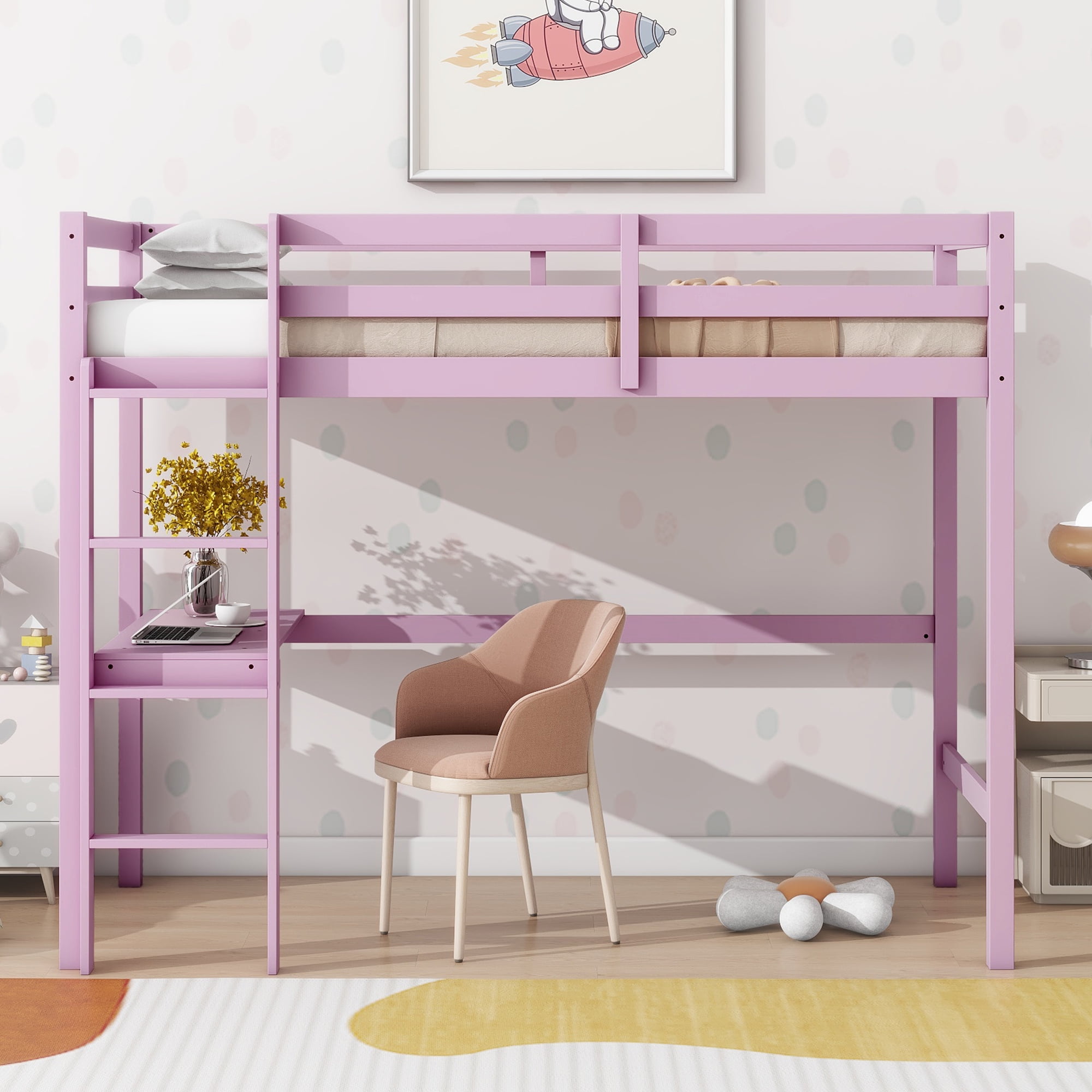 Miniyam Kids Loft Bed with Desk, Wood Loft Bed Frame with Guardrails, Ladder and Slats, Pink