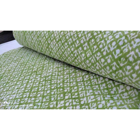 Indian Green Floral HandBlock Print Bedding Bedspread Green Kantha Quilt Cotton Kantha Quilt Green indian cotton bedspread Throw A And E Textiles House