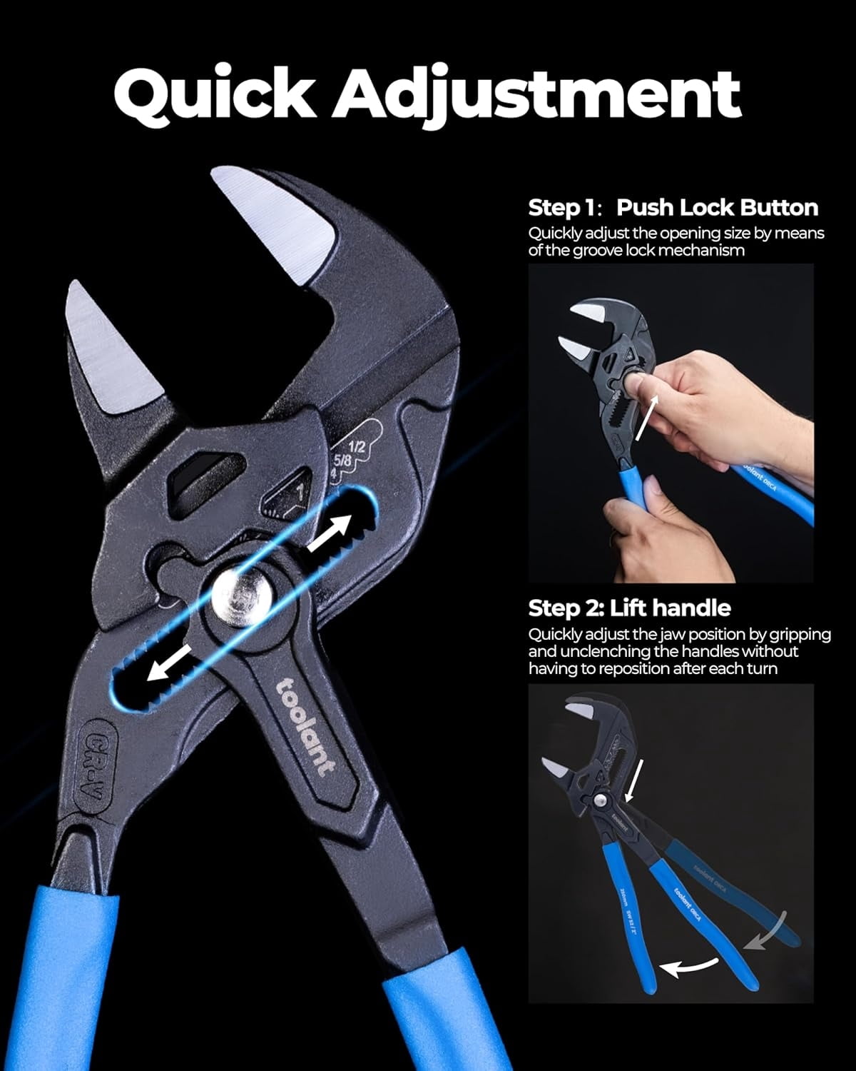 7-INCH Plier Wrench, CR-V Construction Adjustable Wrench With Pouch, Black Finish Smooth Jaw Pliers, Parallel Jaws with Comfortable Grips, Suitable for All Types of Nuts, Water Pipes