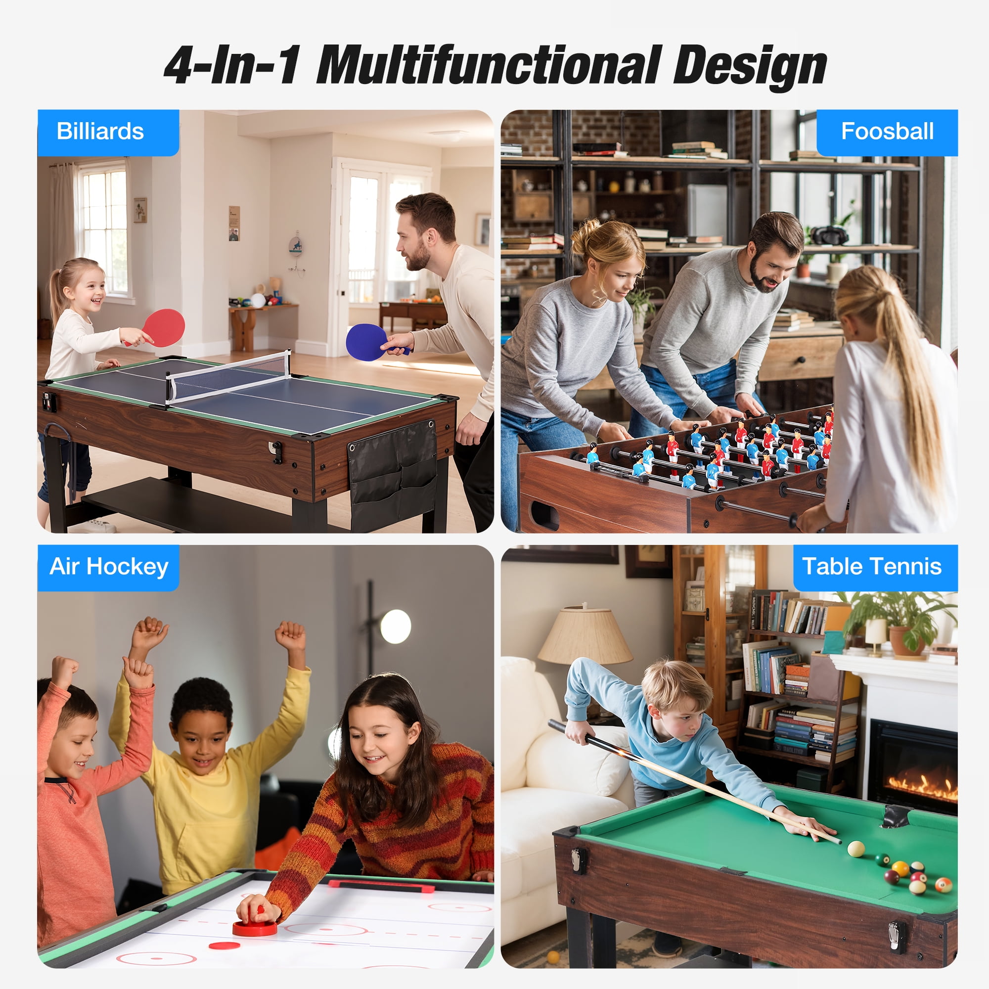 FUNTOK 4 in 1 Game Table with Ping Pong, Air Hockey, Foosball, Pool, 48'' Multi Game Table with All Accessories & Storage, Combo Game Table for Adults Kids Family Home Game Room