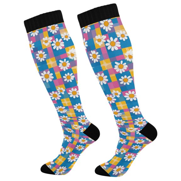 FORMRS Womens Knee High Socks Casual Long Thick Travel Daily Wear, 1 Pair, Blue Checkered Daisy