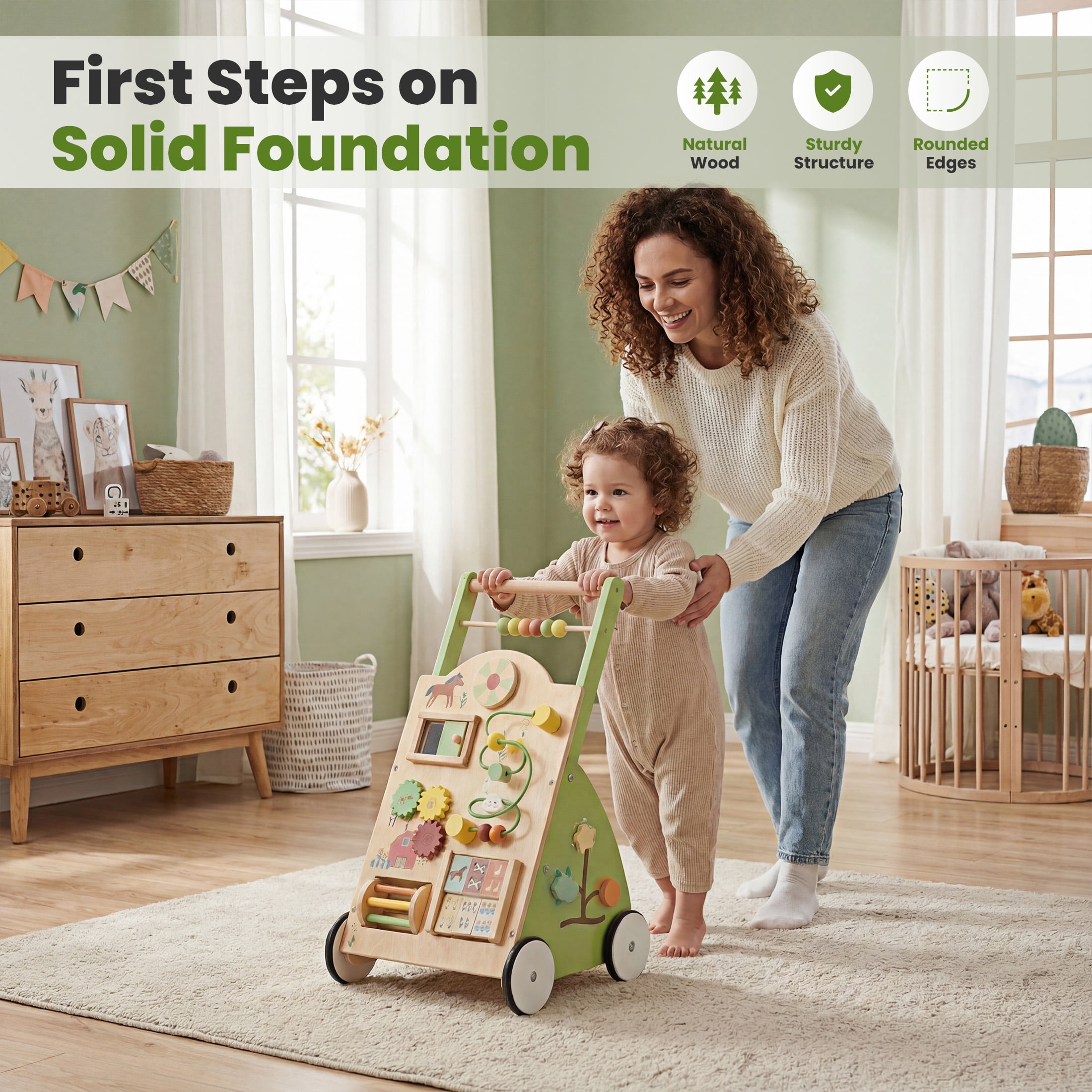EDX Wooden Baby Walker, Adjustable Speed Montessori Learning Toy with Activity Center, Silent Rubber Wheels for Babies 12 Months, Green