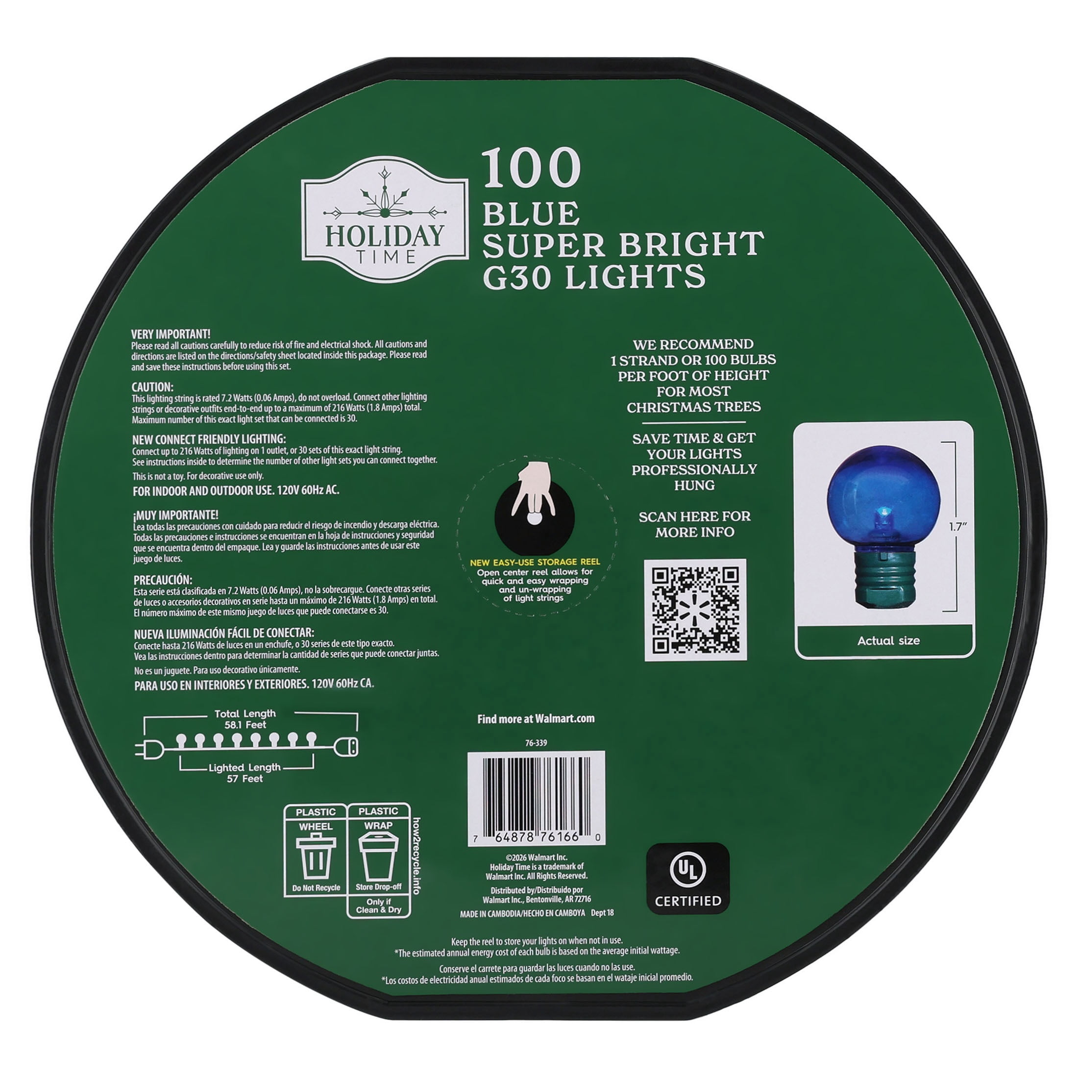 Indoor/Outdoor 100-Count LED Super Bright G30 Christmas String Lights, Blue, Green Wire, 57', by Holiday Time