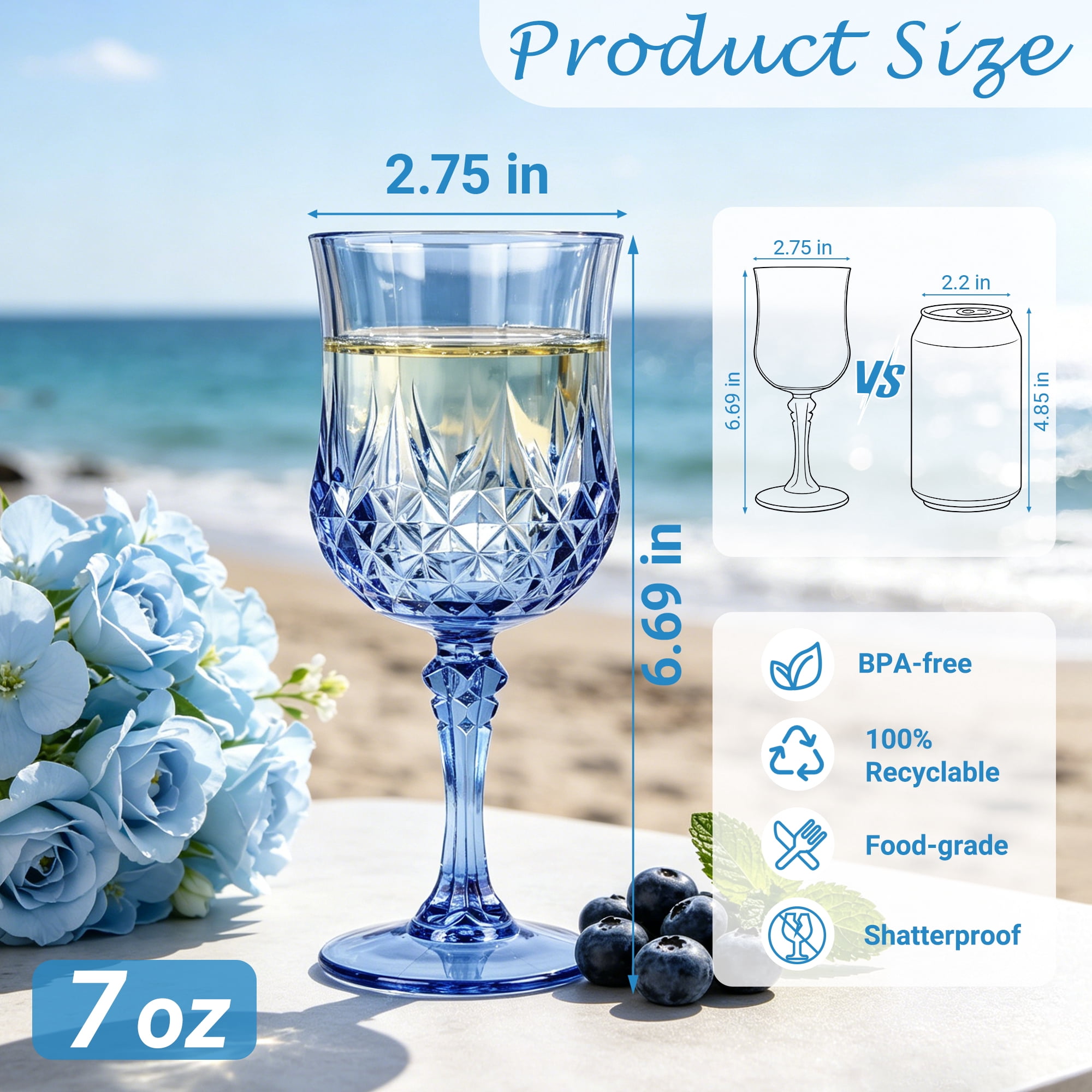 ZHURUININ Reusable Plastic Wine Glasses ，Blue，7oz，48Pack