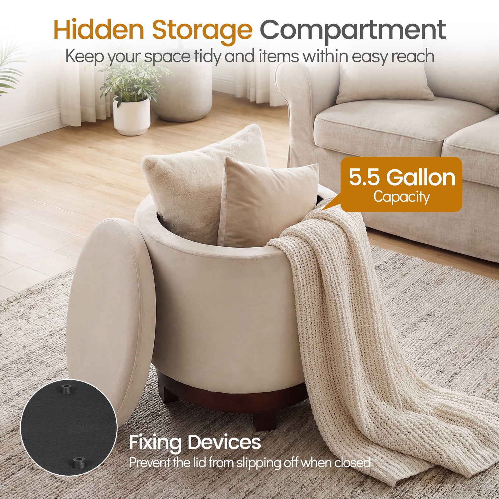 Costway 360° Swivel Velvet Foot Rest with Hidden Storage, 400 Lbs Weight Capacity for Home White and Walnut