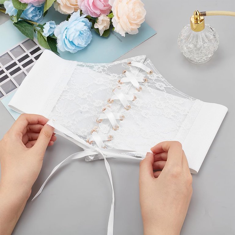 White Vintage Lace-up Elastic 4.72~7.87inch Wide Corset Waist Belt for DIY  Women Transparent Lace Crochet Petal Ribbon Tied Waspie Belt for DIY Party  ...