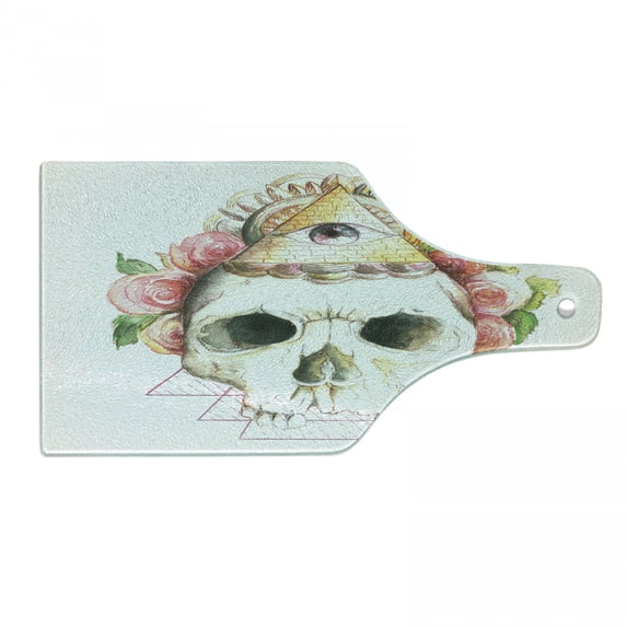 Skull Cutting Board, Traditional Mexican Sugar Skull with Eye Sign and Geometric Triangle, Decorative Tempered Glass Cutting and Serving Board, Wine Bottle Shape, Multicolor, by Ambesonne