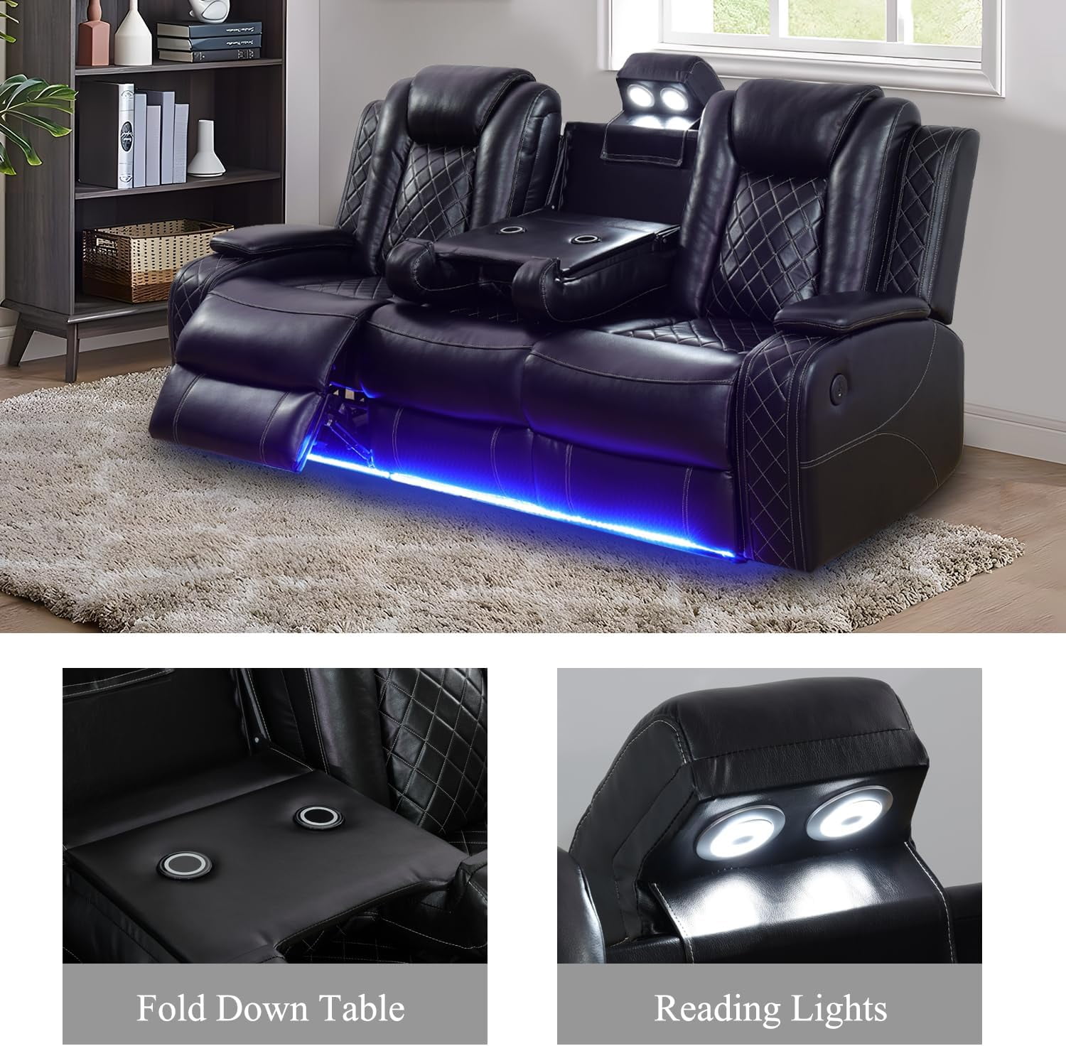 Multifunction Power Air Leather Recliner Sofa with LED Lights, Living Room Furniture, Reclining Sofa, loveseat, Chair with USB Port/Storage