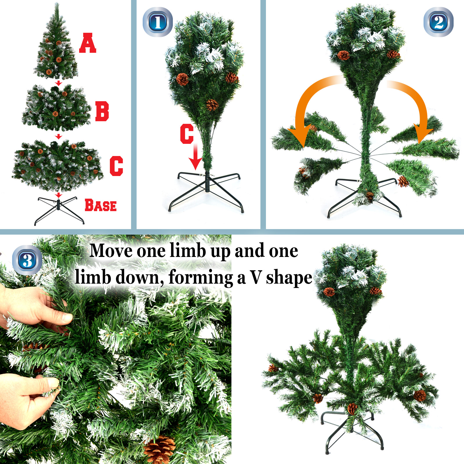 Sunrise Artificial 7\' Snow Tipped Christmas Tree with Pine Cones and Steel Stand -Unlit (7\' with 1003 Tips and 39 pinecones)