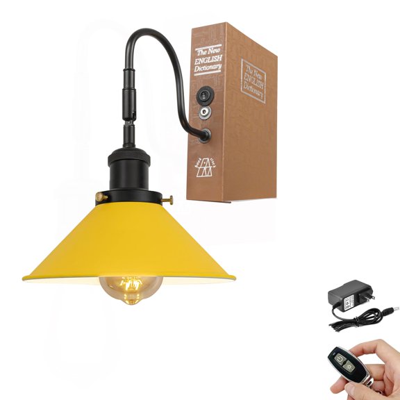 Kiven Cordless Bookshelf Lamp, 1-Light Rechargeable Bookcase Lighting with Iron Lampshade, Farmhouse Decorative Bookend, Cordless Table Lamp for Bedside Bookshelf Cabinet Home Decor,Yellow