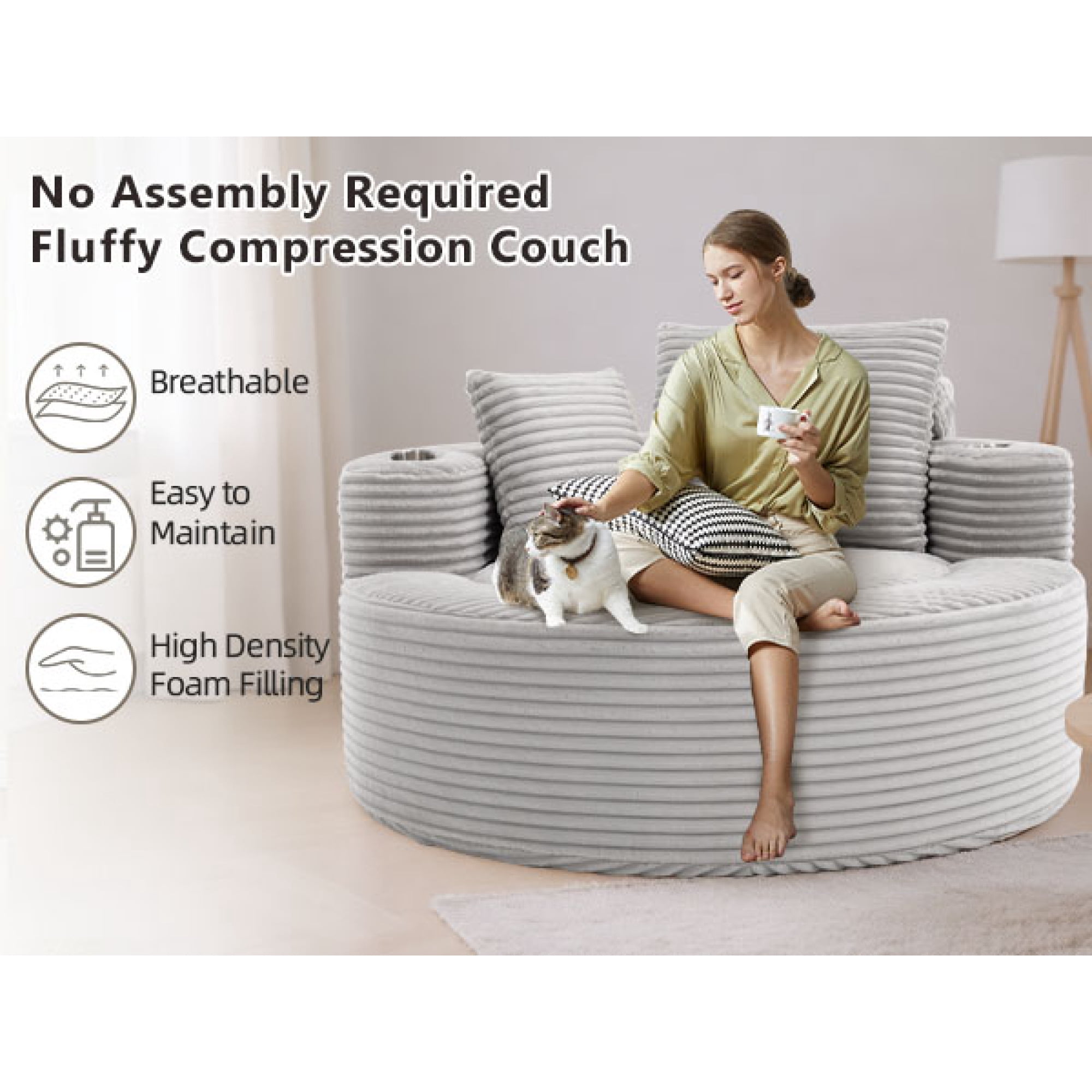 Leumius Oversized Round Chaise Lounge Sofa,Upholstered Lounge Chair with 2 Pillows and Cupholders,Boneless Sofa Couch with Memory Foam,Deep Seat Sleeper Chair for Living Room,No Assembly,Gray