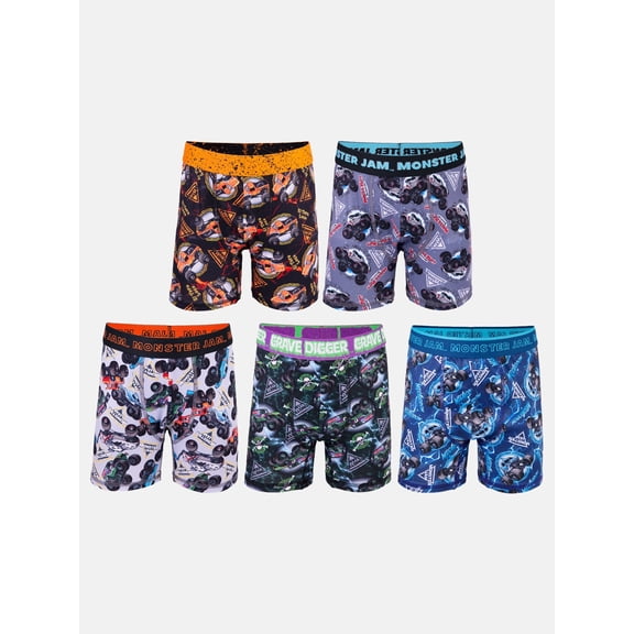 Monster Jam Boys Athletic Boxer Brief Underpants Character Underwear, 5-pack, Sizes XS to M