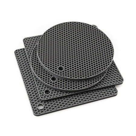 

Silicone Trivet Mats Multipurpose Non-Slip Hot Pads for Kitchen Potholders Hot Dishers Jar Opener Spoon Holder and Large Coasters Food Grade Silicone 4 Pcs Dark grey(2 Squared + 2 Round Mats)