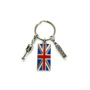 London Great Britain themed keychain. Includes Union Jack, Big Ben, and Beefeater themed charms.