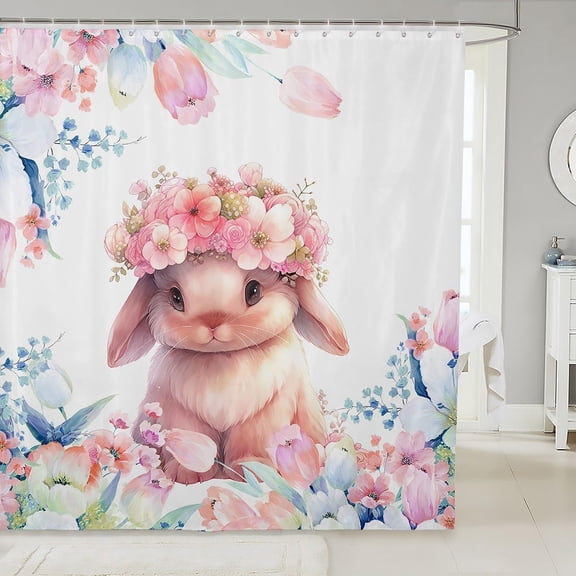 Watercolor Bunny Floral Shower Curtain for Bathroom Spring Easter Rabbit Flowers Fabric Bath Curtain 71x71 inches