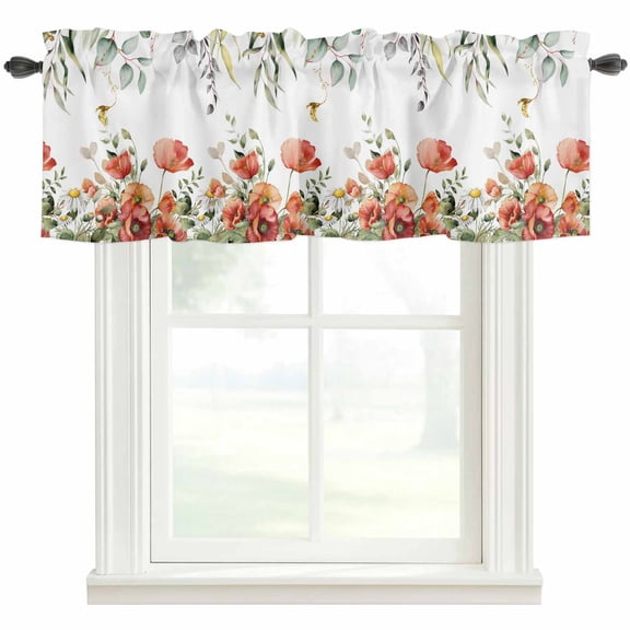 Red Poppy Rod Pocket Curtain Valance, Spring Farmhouse Country Flower Leaf Plant Farmhouse Window Valance for Living Room, Bedroom, Kitchen 42"W x 18"L