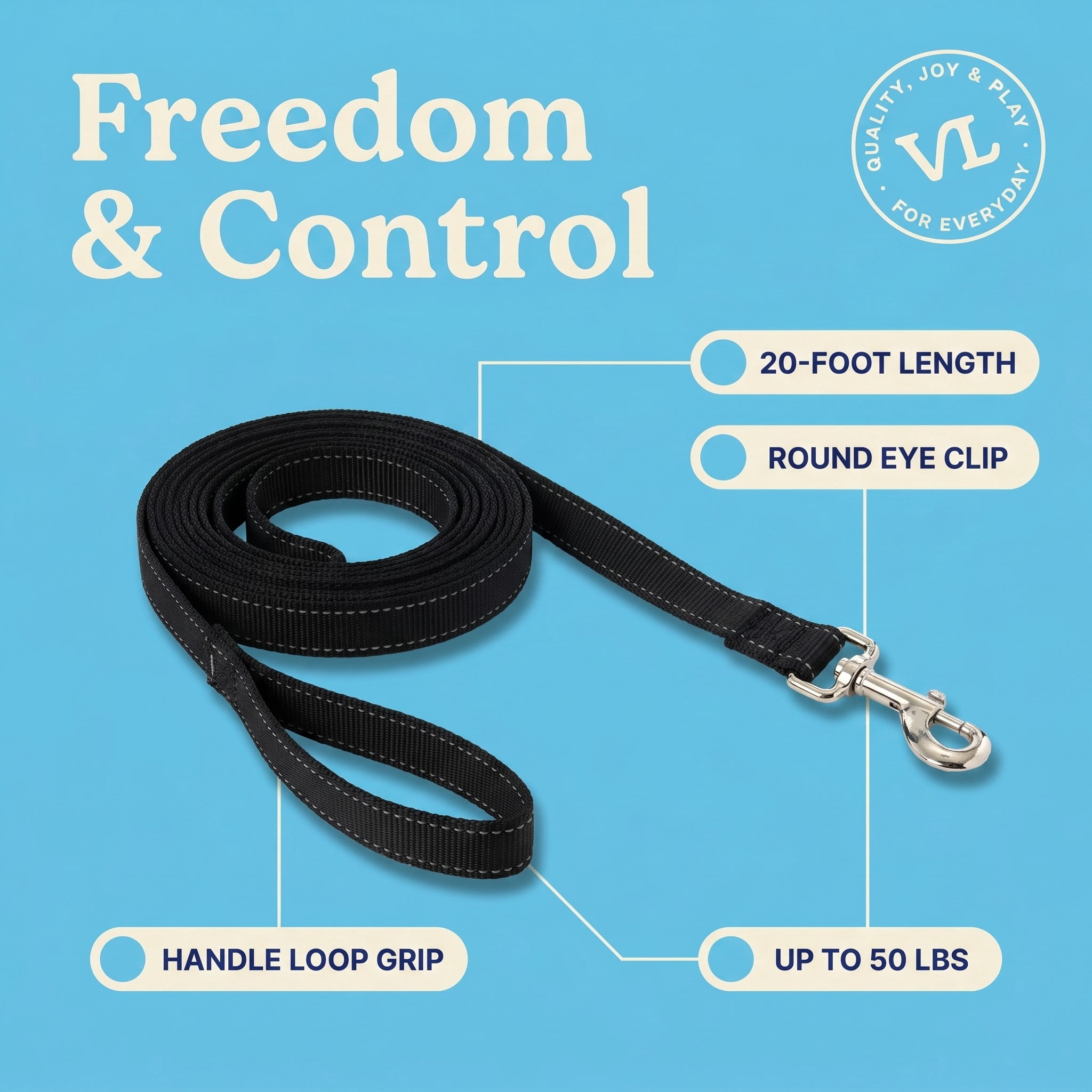 Vibrant Life Training Leash and Tie-Out for Dogs, 20 ft, Black