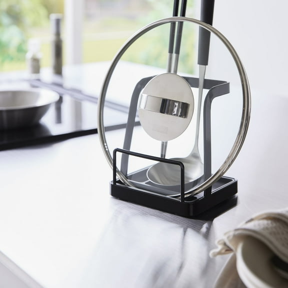 Yamazaki Home Lid and Ladle Stand - Large, Black, Steel, Water Resistant, No Assembly