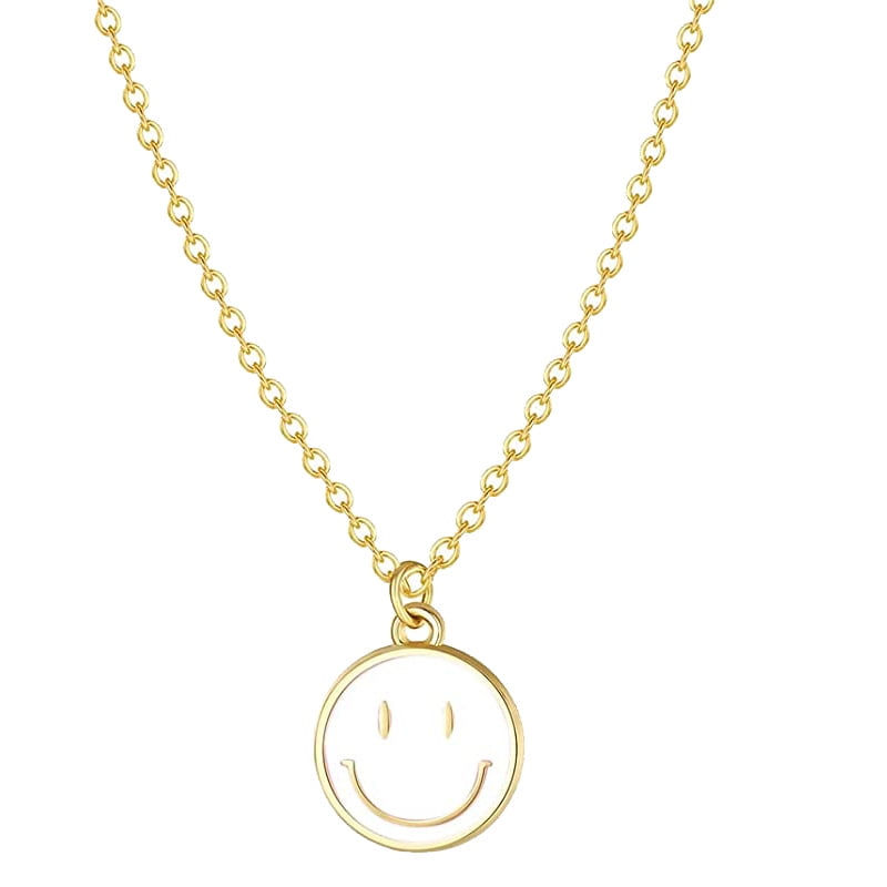 Smiley Face Necklaces Enamel Happy Face Necklace Pink Necklace Preppy Necklace for Women Girls - White,Single Layer, Adult Unisex