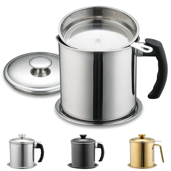 ReaNea Silver Bacon Grease Container with Fine Strainer and lid, 48 oz Stainless Steel Oil Container