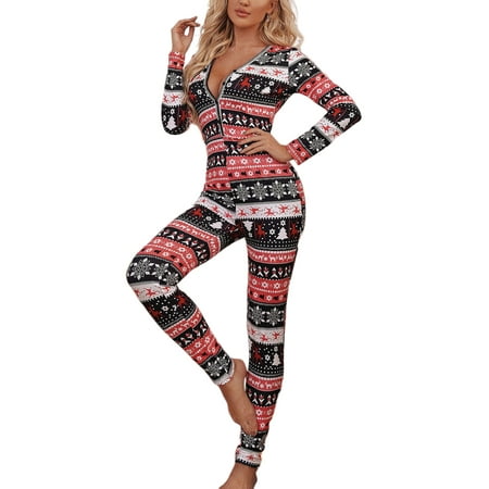 

Pudcoco Women s Christmas Pajamas Long Sleeve Sexy V-Neck Buttons Jumpsuit Cartoon Printed Loungewear Pjs Romper S/M/L/XL/XXL