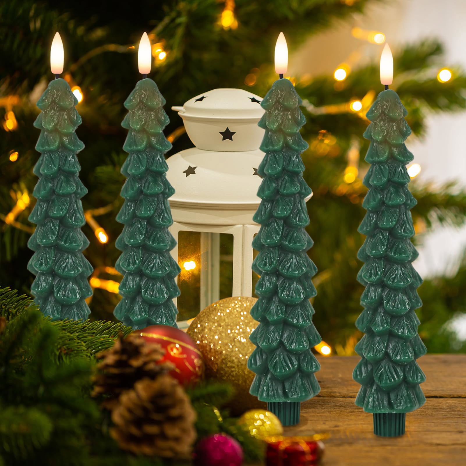 Christmas Tree Flameless Taper Candles with Remote Timer, Christmas LED Taper Candles with 3D Flame, 4 Pcs Green LED Candlesticks for Christmas Home Decoration